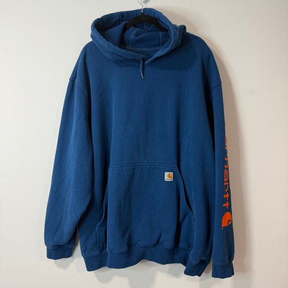 Carhartt Men's Logo Sleeve Hoodie Sweatshirt Pullover Blue Orange 3XL - Picture 1 of 8